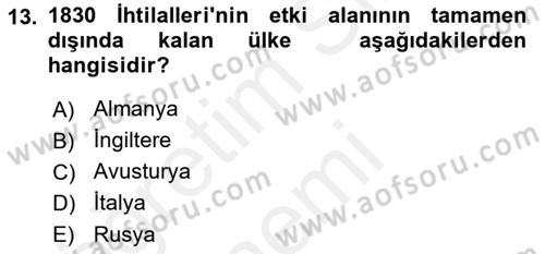 Yakınçağ Avrupa Tarihi Dersi 2018 - 2019 Yılı (Vize) Ara Sınav Soruları 13. Soru