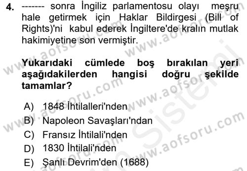Yakınçağ Avrupa Tarihi Dersi Ara Sınavı Deneme Sınav Soruları 4. Soru
