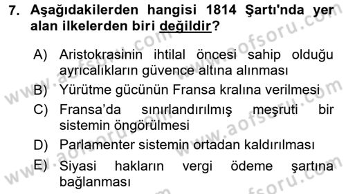 Yakınçağ Avrupa Tarihi Dersi 2018 - 2019 Yılı (Vize) Ara Sınav Soruları 7. Soru