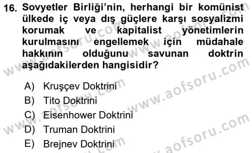 Yakınçağ Avrupa Tarihi Dersi 2018 - 2019 Yılı (Final) Dönem Sonu Sınav Soruları 16. Soru