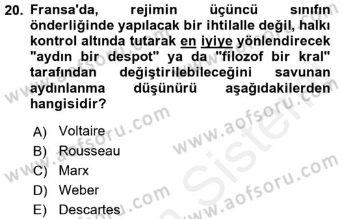 Yakınçağ Avrupa Tarihi Dersi 2018 - 2019 Yılı (Final) Dönem Sonu Sınav Soruları 20. Soru