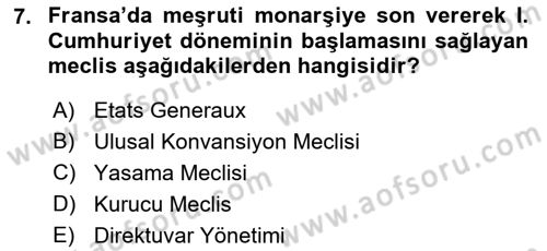 Yakınçağ Avrupa Tarihi Dersi 2018 - 2019 Yılı Yaz Okulu Sınav Soruları 7. Soru
