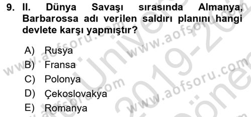 Yakınçağ Avrupa Tarihi Dersi 2019 - 2020 Yılı (Final) Dönem Sonu Sınav Soruları 9. Soru