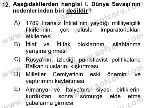 Yakınçağ Avrupa Tarihi Dersi 2020 - 2021 Yılı Yaz Okulu Sınav Soruları 12. Soru