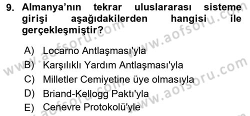 Yakınçağ Avrupa Tarihi Dersi 2021 - 2022 Yılı (Final) Dönem Sonu Sınav Soruları 9. Soru
