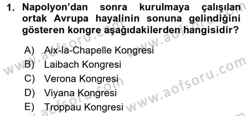 Yakınçağ Avrupa Tarihi Dersi 2021 - 2022 Yılı Yaz Okulu Sınav Soruları 1. Soru