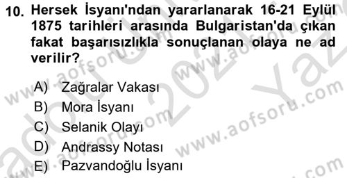 Yakınçağ Avrupa Tarihi Dersi 2021 - 2022 Yılı Yaz Okulu Sınav Soruları 10. Soru