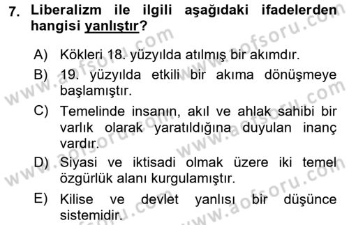 Yakınçağ Avrupa Tarihi Dersi 2021 - 2022 Yılı Yaz Okulu Sınav Soruları 7. Soru