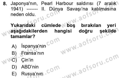 Yakınçağ Avrupa Tarihi Dersi 2021 - 2022 Yılı Yaz Okulu Sınav Soruları 8. Soru