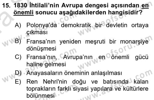 Yakınçağ Avrupa Tarihi Dersi 2022 - 2023 Yılı (Vize) Ara Sınav Soruları 15. Soru
