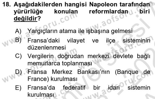 Yakınçağ Avrupa Tarihi Dersi 2022 - 2023 Yılı (Vize) Ara Sınav Soruları 18. Soru