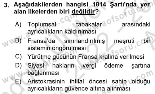 Yakınçağ Avrupa Tarihi Dersi 2022 - 2023 Yılı (Vize) Ara Sınavı 3. Soru