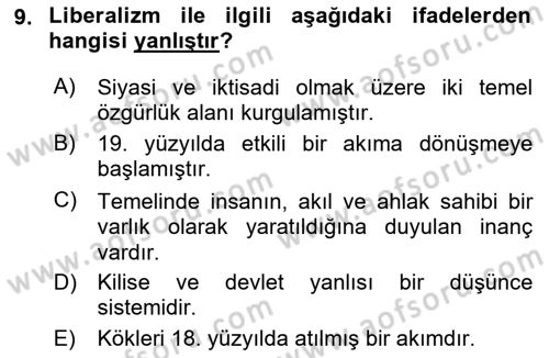 Yakınçağ Avrupa Tarihi Dersi 2022 - 2023 Yılı (Vize) Ara Sınav Soruları 9. Soru