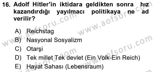 Yakınçağ Avrupa Tarihi Dersi 2022 - 2023 Yılı (Final) Dönem Sonu Sınav Soruları 16. Soru