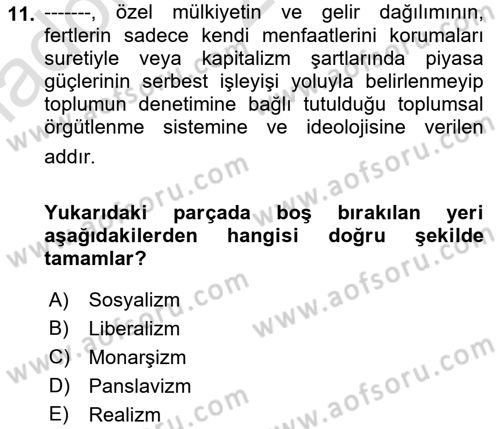 Yakınçağ Avrupa Tarihi Dersi Ara Sınavı Deneme Sınav Soruları 11. Soru
