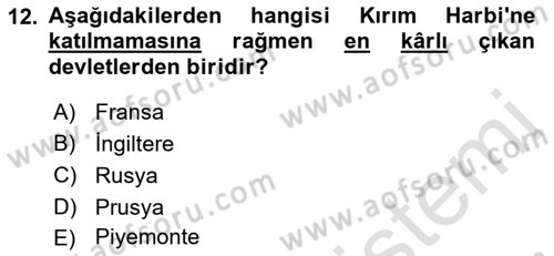 Yakınçağ Avrupa Tarihi Dersi Ara Sınavı Deneme Sınav Soruları 12. Soru