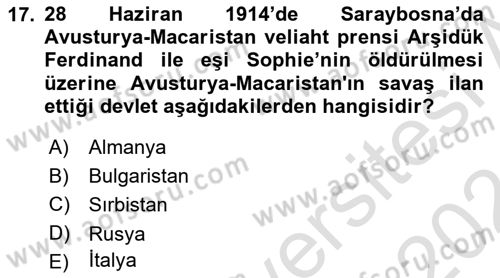 Yakınçağ Avrupa Tarihi Dersi 2023 - 2024 Yılı (Vize) Ara Sınavı 17. Soru