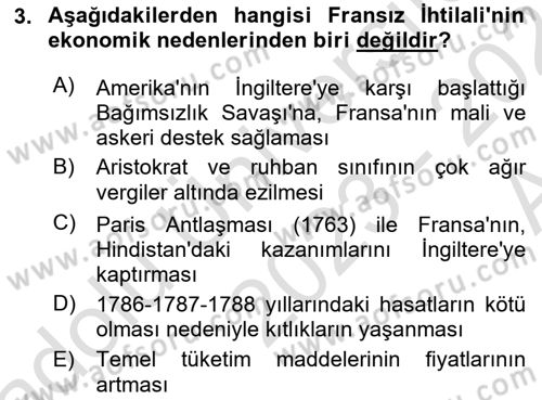 Yakınçağ Avrupa Tarihi Dersi Ara Sınavı Deneme Sınav Soruları 3. Soru