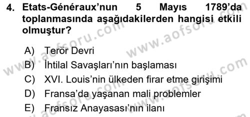 Yakınçağ Avrupa Tarihi Dersi 2023 - 2024 Yılı (Vize) Ara Sınav Soruları 4. Soru