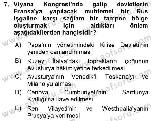 Yakınçağ Avrupa Tarihi Dersi 2023 - 2024 Yılı Yaz Okulu Sınav Soruları 7. Soru
