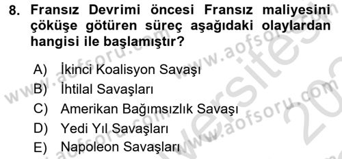 Yakınçağ Avrupa Tarihi Dersi 2023 - 2024 Yılı Yaz Okulu Sınav Soruları 8. Soru