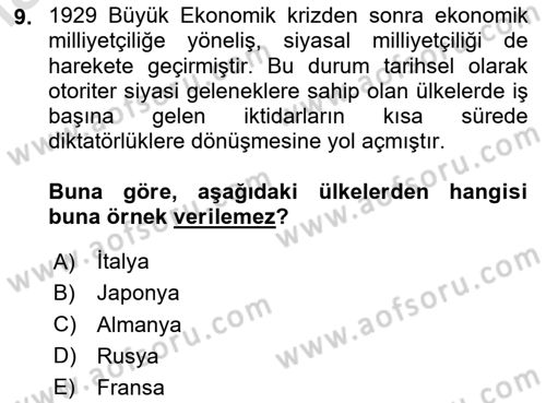 Yakınçağ Avrupa Tarihi Dersi 2023 - 2024 Yılı Yaz Okulu Sınav Soruları 9. Soru
