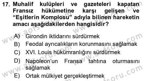 Yakınçağ Avrupa Tarihi Dersi 2024 - 2025 Yılı (Vize) Ara Sınavı 17. Soru