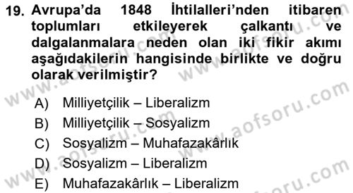 Yakınçağ Avrupa Tarihi Dersi 2024 - 2025 Yılı (Vize) Ara Sınavı 19. Soru