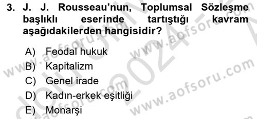 Yakınçağ Avrupa Tarihi Dersi 2024 - 2025 Yılı (Vize) Ara Sınavı 3. Soru