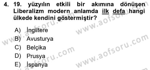 Yakınçağ Avrupa Tarihi Dersi Ara Sınavı Deneme Sınav Soruları 4. Soru