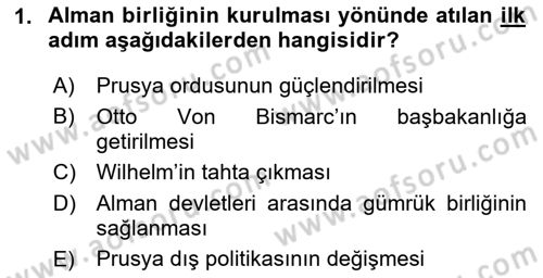 Yakınçağ Avrupa Tarihi Dersi 2024 - 2025 Yılı (Final) Dönem Sonu Sınav Soruları 1. Soru
