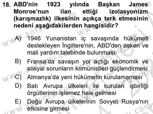 Yakınçağ Avrupa Tarihi Dersi 2024 - 2025 Yılı (Final) Dönem Sonu Sınav Soruları 18. Soru
