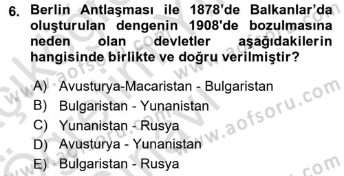Yakınçağ Avrupa Tarihi Dersi 2024 - 2025 Yılı Yaz Okulu Sınav Soruları 6. Soru