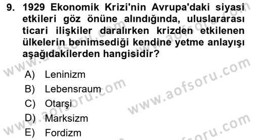 Yakınçağ Avrupa Tarihi Dersi 2024 - 2025 Yılı Yaz Okulu Sınav Soruları 9. Soru