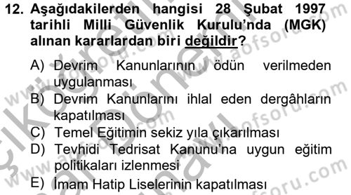 Türkiye Cumhuriyeti Siyasî Tarihi Dersi 2012 - 2013 Yılı (Final) Dönem Sonu Sınav Soruları 12. Soru