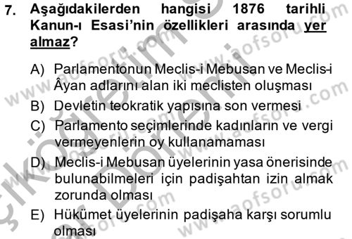 Türkiye Cumhuriyeti Siyasî Tarihi Dersi 2014 - 2015 Yılı (Vize) Ara Sınavı 7. Soru