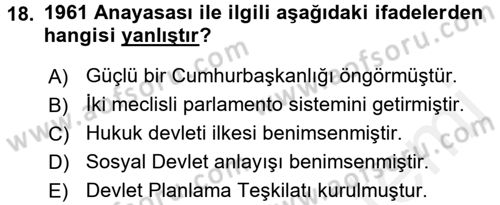 Türkiye Cumhuriyeti Siyasî Tarihi Dersi 2015 - 2016 Yılı (Vize) Ara Sınav Soruları 18. Soru