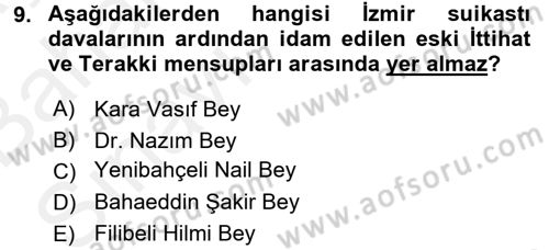 Türkiye Cumhuriyeti Siyasî Tarihi Dersi 2015 - 2016 Yılı (Vize) Ara Sınav Soruları 9. Soru