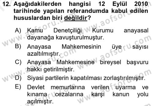 Türkiye Cumhuriyeti Siyasî Tarihi Dersi 2015 - 2016 Yılı Tek Ders Sınav Soruları 12. Soru