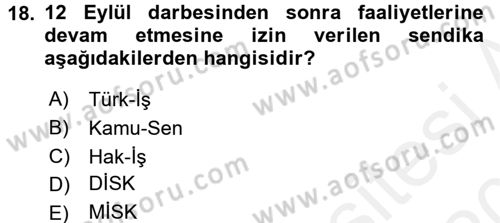 Türkiye Cumhuriyeti Siyasî Tarihi Dersi 2015 - 2016 Yılı Tek Ders Sınav Soruları 18. Soru