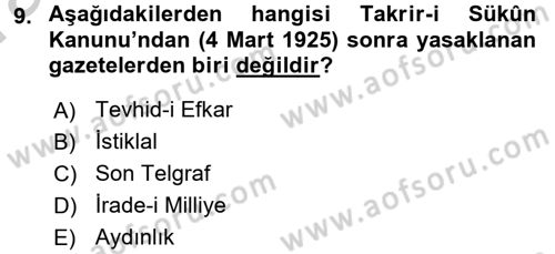 Türkiye Cumhuriyeti Siyasî Tarihi Dersi 2016 - 2017 Yılı (Vize) Ara Sınav Soruları 9. Soru