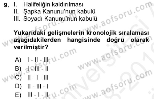 Türkiye Cumhuriyeti Siyasî Tarihi Dersi 2018 - 2019 Yılı (Vize) Ara Sınav Soruları 9. Soru
