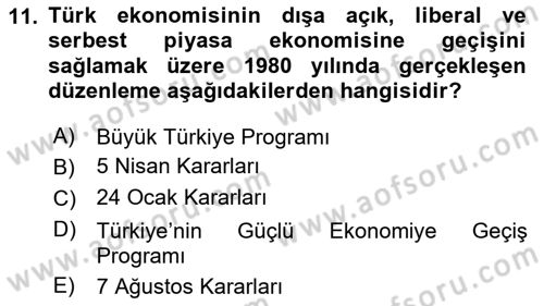 Türkiye Cumhuriyeti Siyasî Tarihi Dersi 2018 - 2019 Yılı Yaz Okulu Sınav Soruları 11. Soru