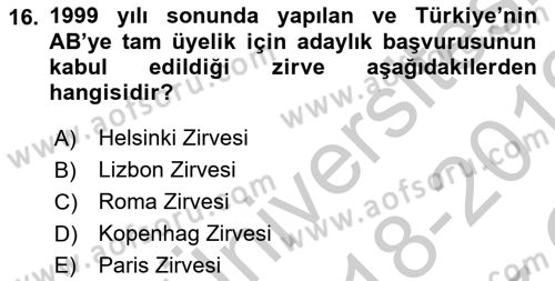 Türkiye Cumhuriyeti Siyasî Tarihi Dersi 2018 - 2019 Yılı Yaz Okulu Sınav Soruları 16. Soru