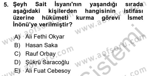 Türkiye Cumhuriyeti Siyasî Tarihi Dersi 2018 - 2019 Yılı Yaz Okulu Sınav Soruları 5. Soru