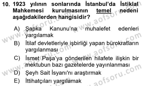 Türkiye Cumhuriyeti Siyasî Tarihi Dersi 2021 - 2022 Yılı (Vize) Ara Sınav Soruları 10. Soru