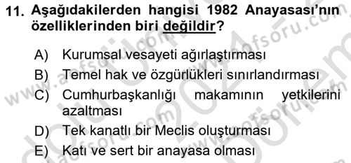 Türkiye Cumhuriyeti Siyasî Tarihi Dersi 2021 - 2022 Yılı (Final) Dönem Sonu Sınav Soruları 11. Soru