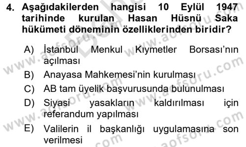 Türkiye Cumhuriyeti Siyasî Tarihi Dersi 2021 - 2022 Yılı (Final) Dönem Sonu Sınav Soruları 4. Soru