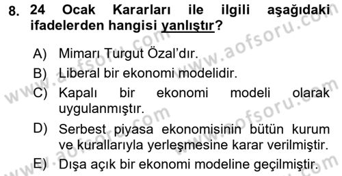 Türkiye Cumhuriyeti Siyasî Tarihi Dersi 2021 - 2022 Yılı (Final) Dönem Sonu Sınav Soruları 8. Soru