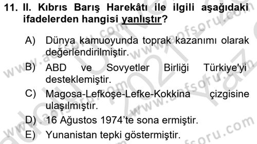 Türkiye Cumhuriyeti Siyasî Tarihi Dersi 2021 - 2022 Yılı Yaz Okulu Sınav Soruları 11. Soru
